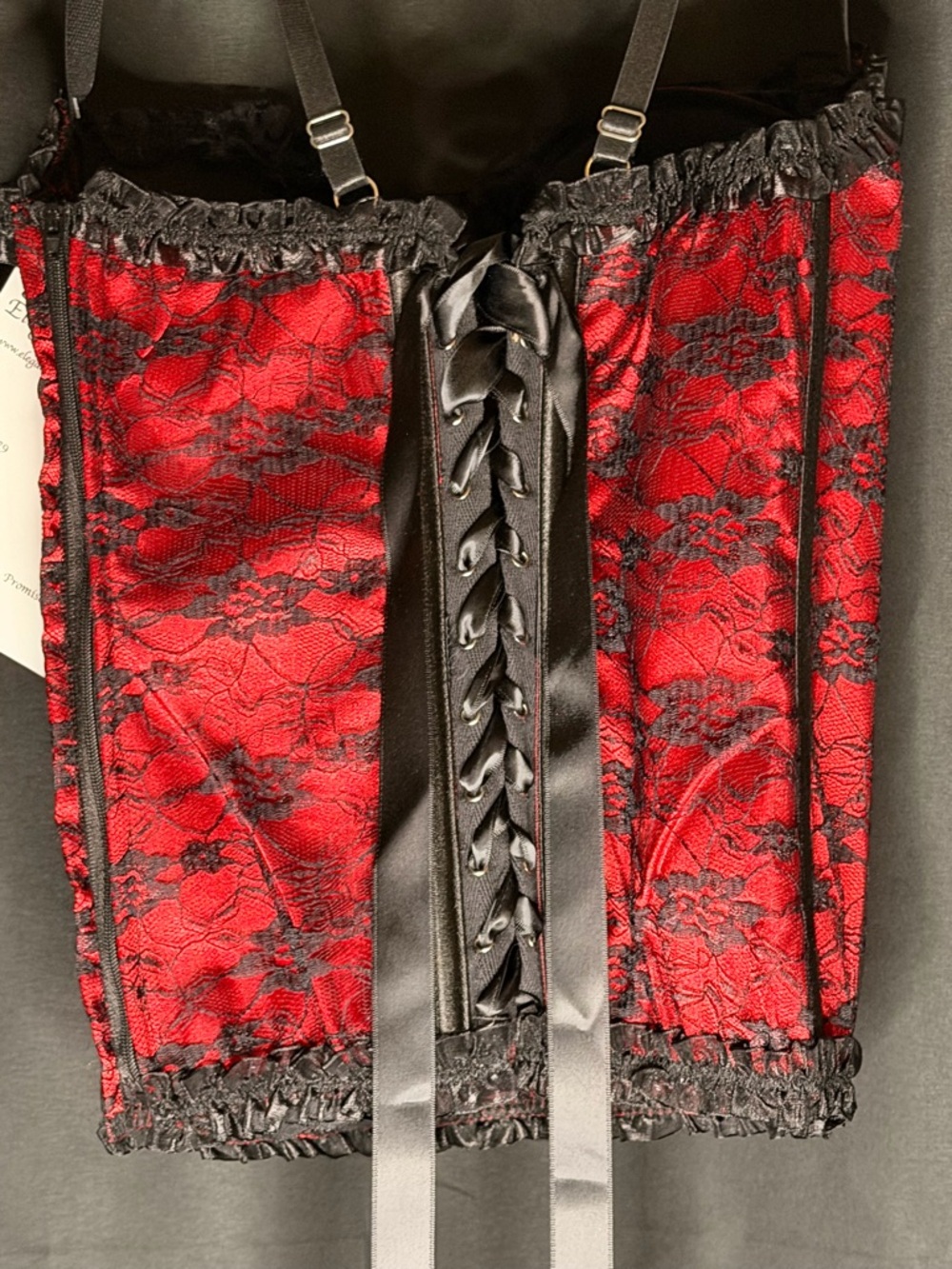Elegant Black Lace Trim RedBustier Corset Top w/matching thong-Women Intimates - Picture 8 of 12